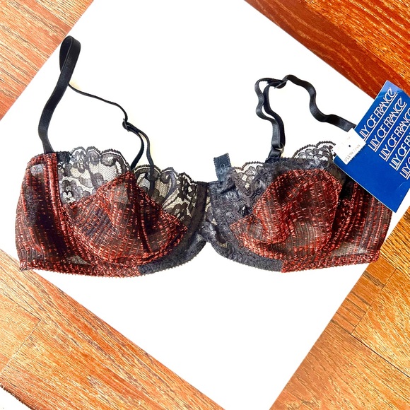 NWT Lily of France Vintage Demi Lace Bra in Hot Red Metallic & Black Lace 36C - Picture 3 of 14